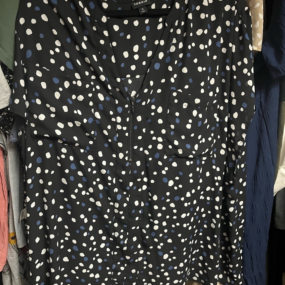 Torrid Black Blouse with White and Blue Dots